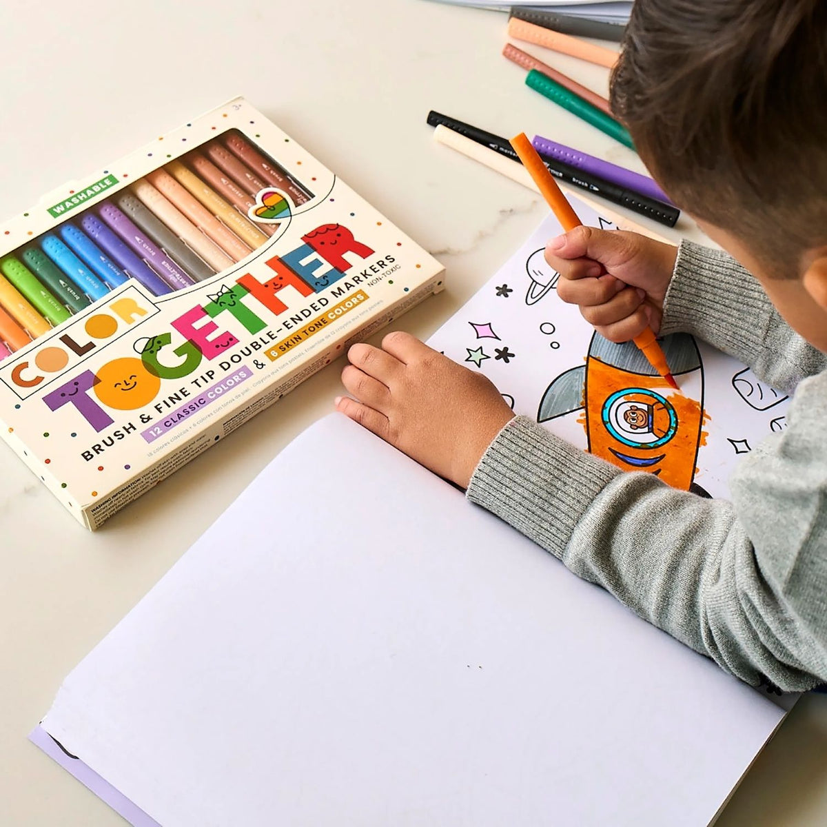 From landscapes to portraits, this 18-piece set handles it all. 12 rainbow and 6 skin tone markers with easy-clean, washable ink. A thoughtful gift for young artists.