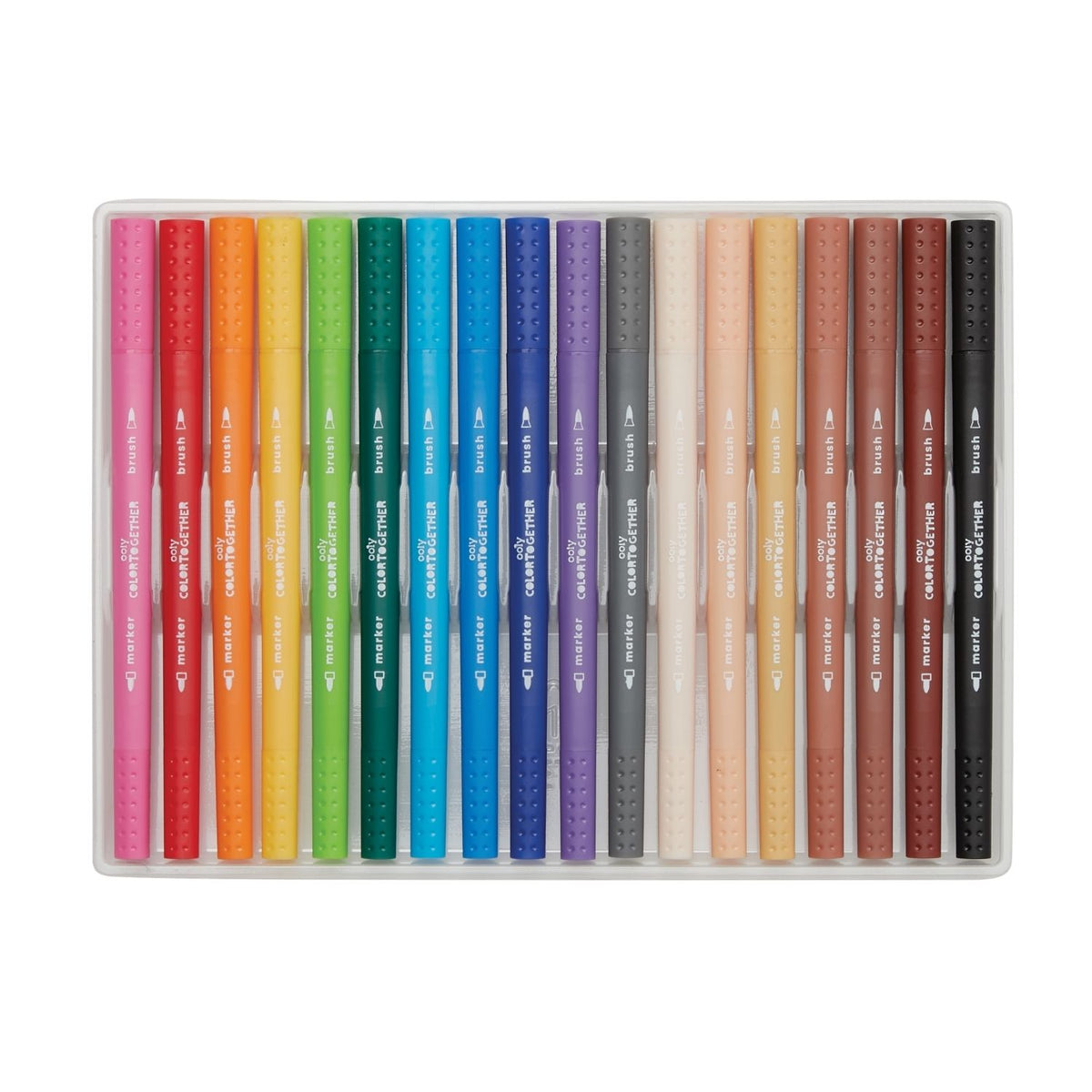 All 18 markers arranged in a gradient, fanned out to show the transition from vibrant rainbow hues to the 6 diverse skin-toned barrels.