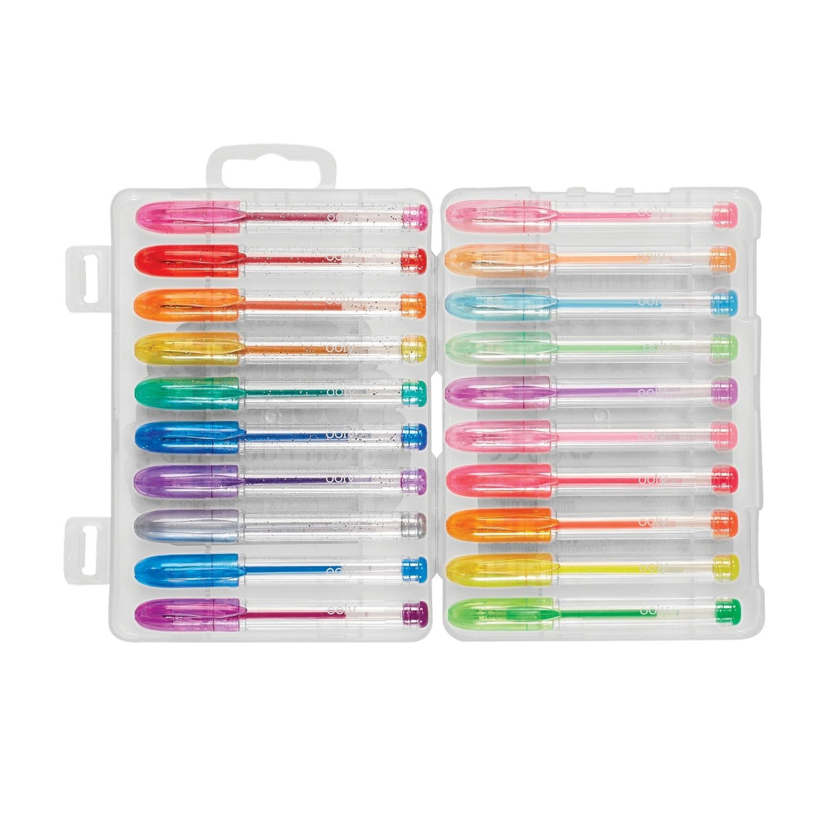 Set of colorful markers in a clear case on a white background