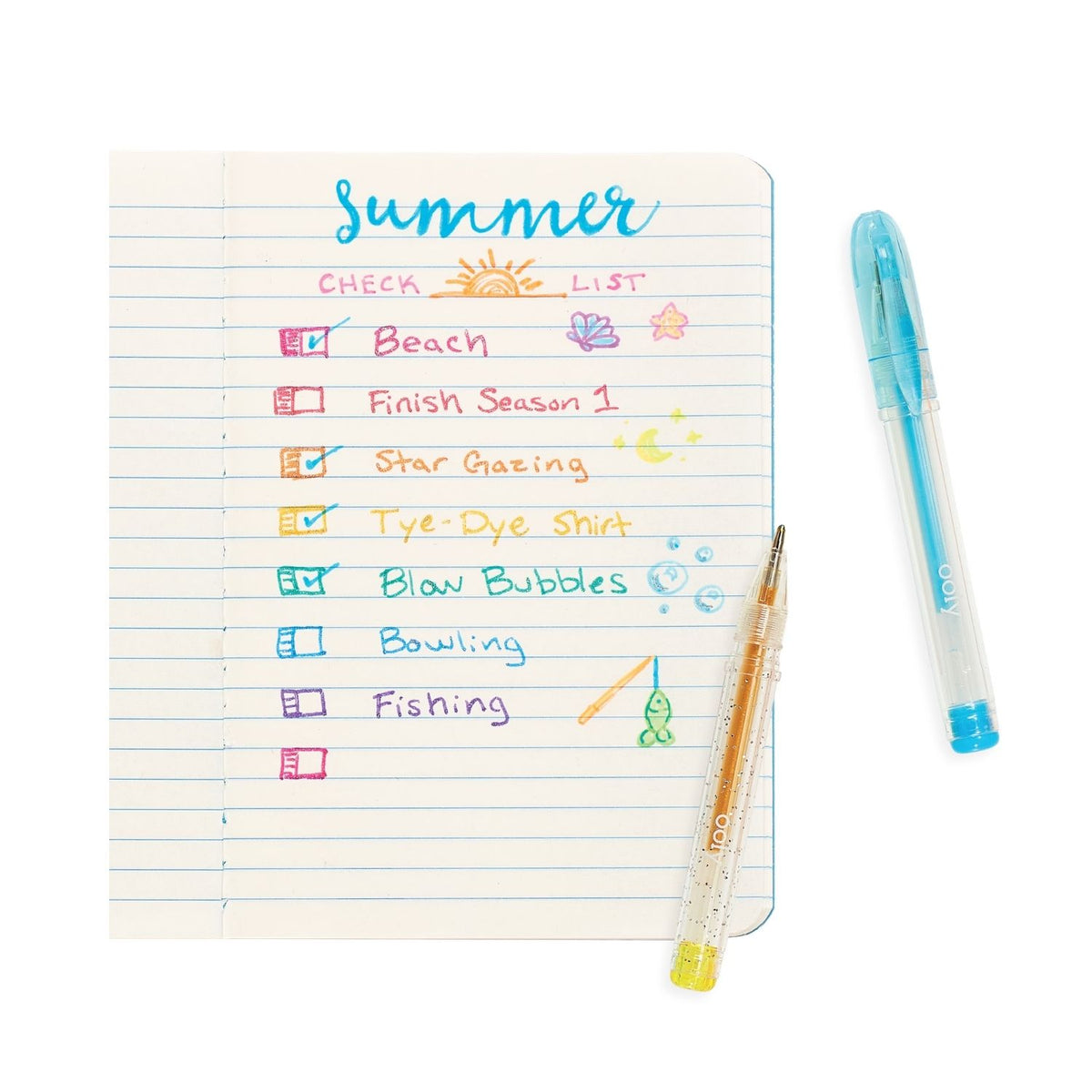 Notebook with a 'Summer Checklist' and two pens 