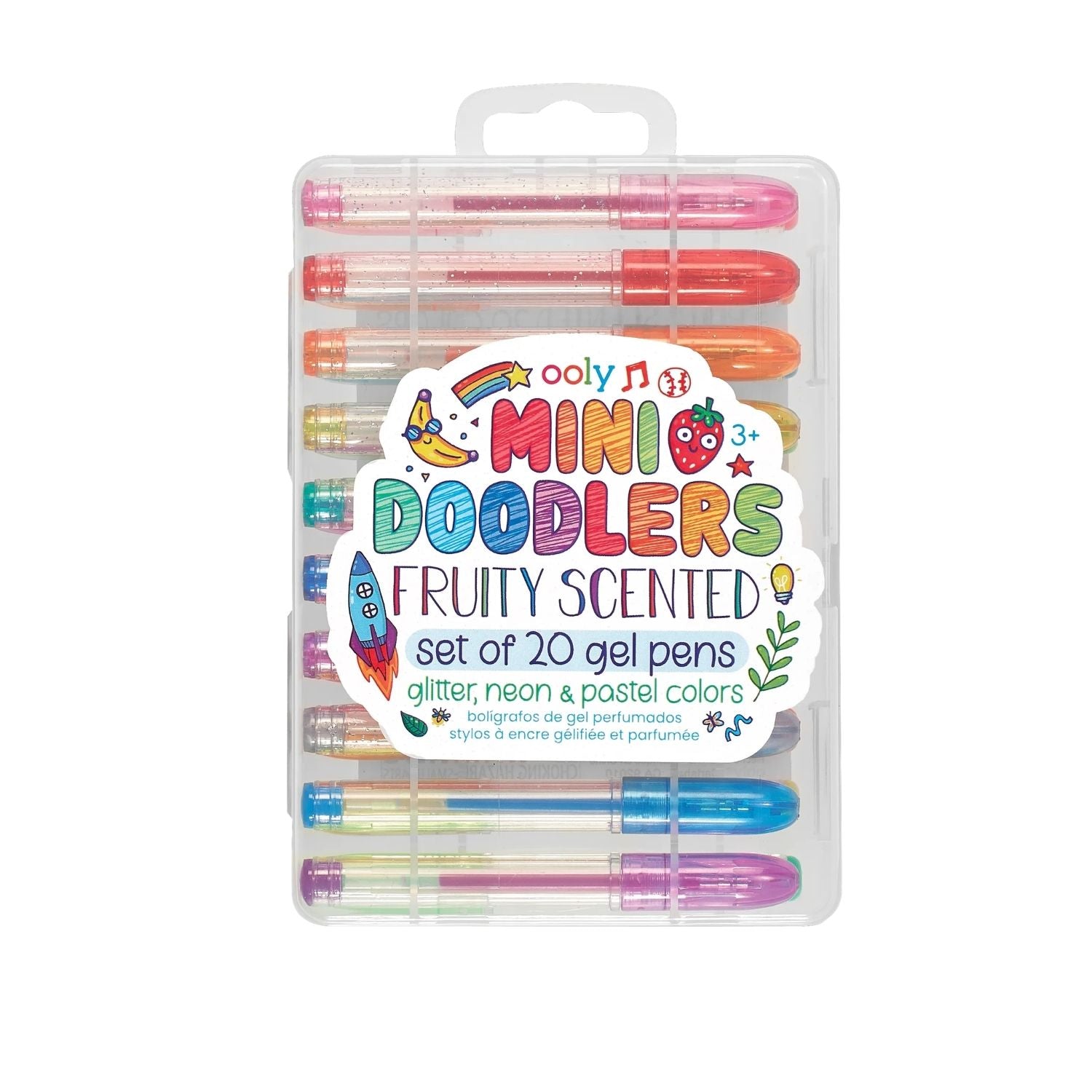 Set of 20 fruity scented gel pens in a clear plastic case with Ooly branding.