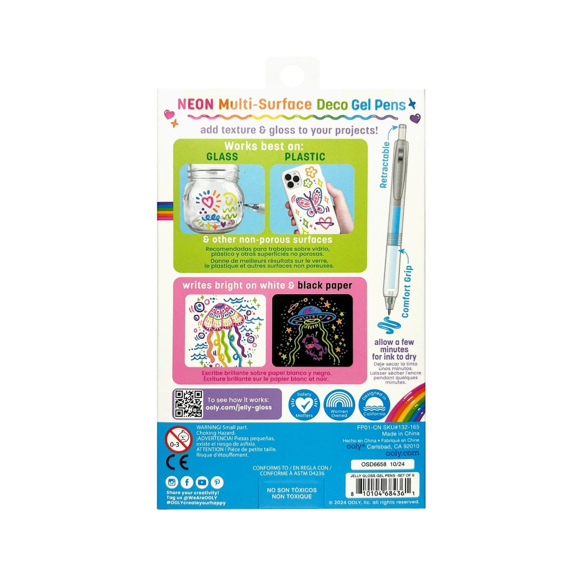 Neon multi-surface decogel pens packaging with text and images 