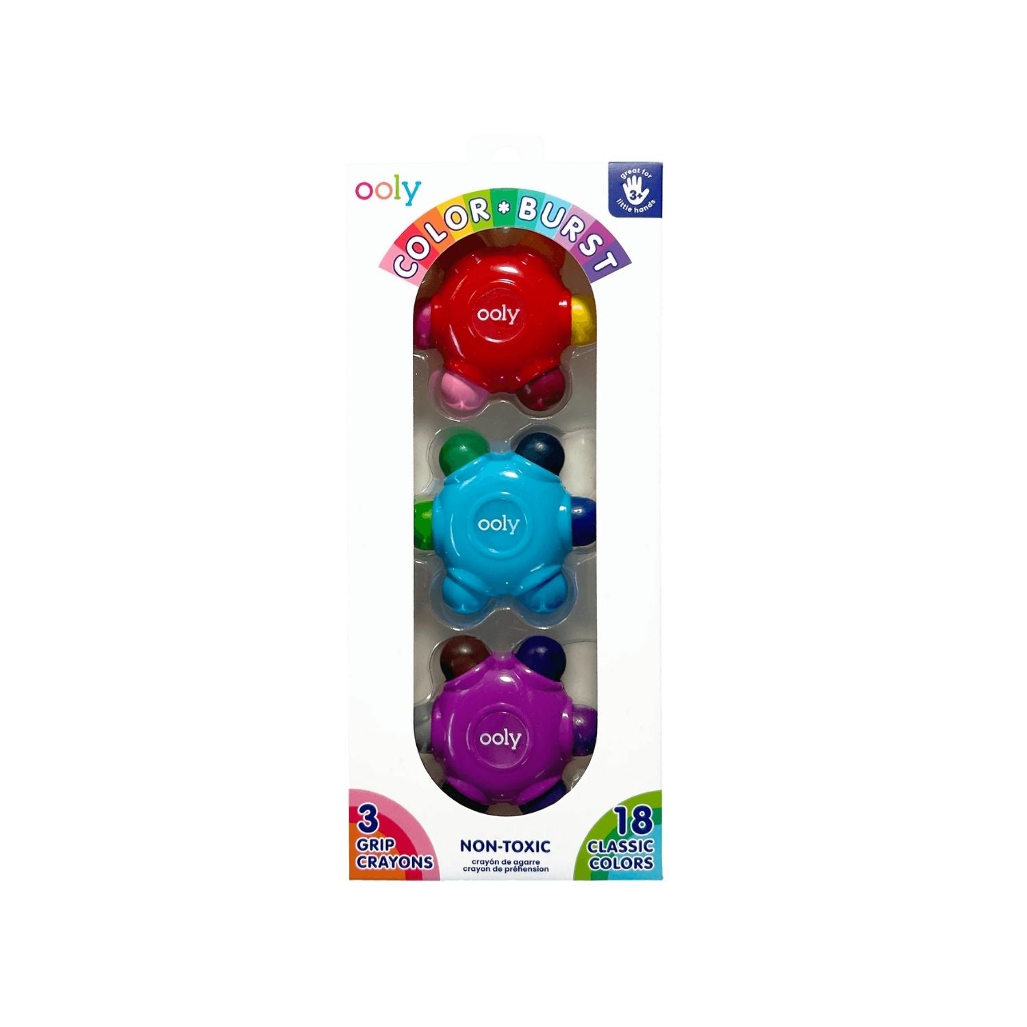 The Flower Crayon set featuring three chunky, petal-shaped crayons in a vibrant display box, highlighting the unique "6-colours-in-1" design.