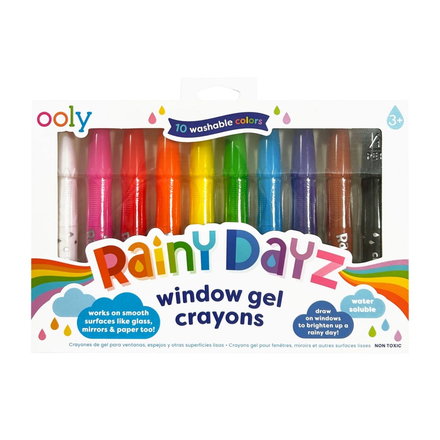 A set of 10 Ooly Rainy Dayz Window Gel Crayons in a case, showcasing the range of bold, vibrant colours and sleek crayon design.