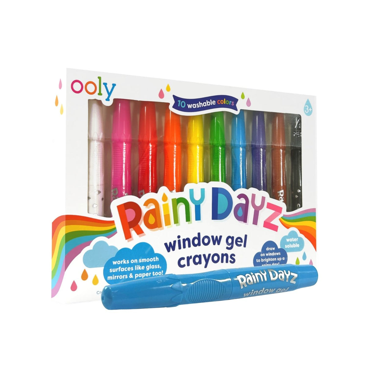Packaging of Rainy Dayz window gel crayons with colorful crayon illustrations on a white background.