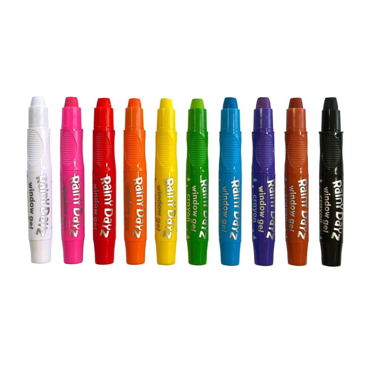A close-up of the window gel crayons with the caps off, highlighting the thick, saturated pigments and the easy-to-hold barrels for young artists.