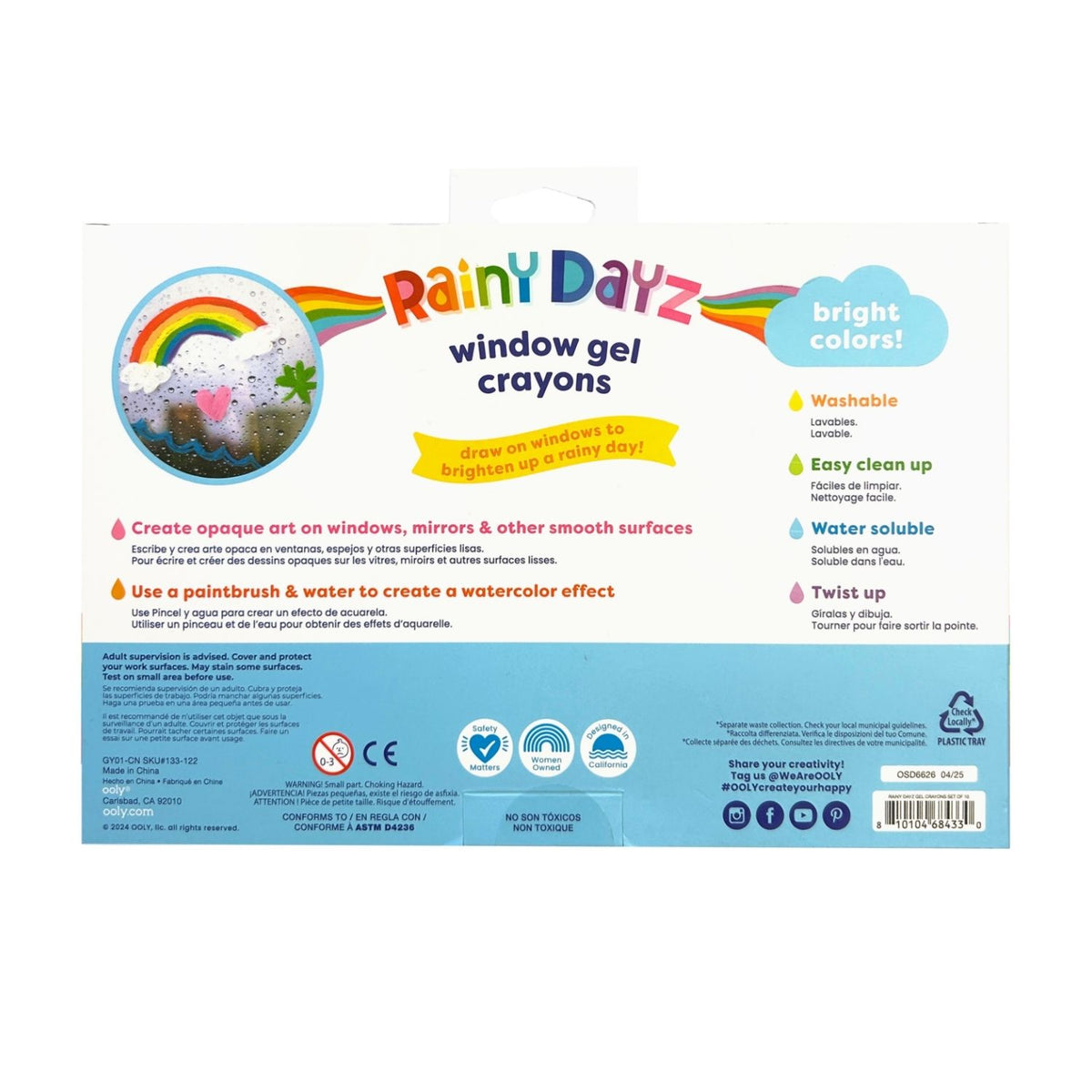 The reverse of the Ooly Rainy Dayz box featuring icons for glass, mirror, and paper use, plus the easy-wipe cleanup instructions.