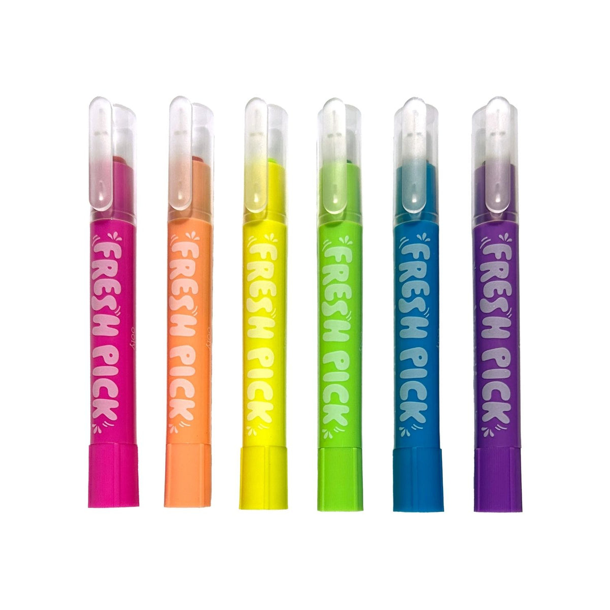 The 6 neon gel crayon highlighters (Pink, Orange, Yellow, Green, Blue, Purple) arranged in a row, highlighting the sleek, ergonomic design.