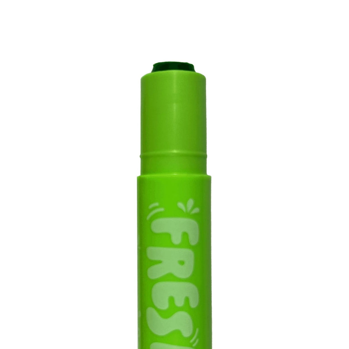 A close-up of a single neon green gel crayon with the cap off, demonstrating the twist-up barrel and the thick, smooth gel core.