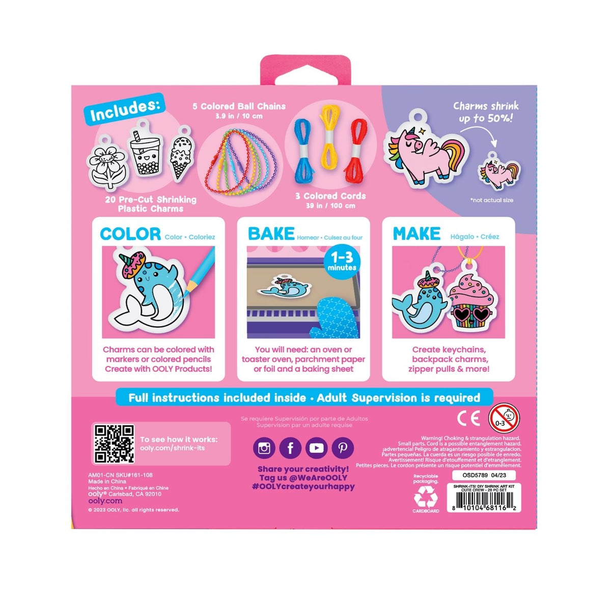 Back of a pink packaging for a craft kit with colourful illustrations and text.