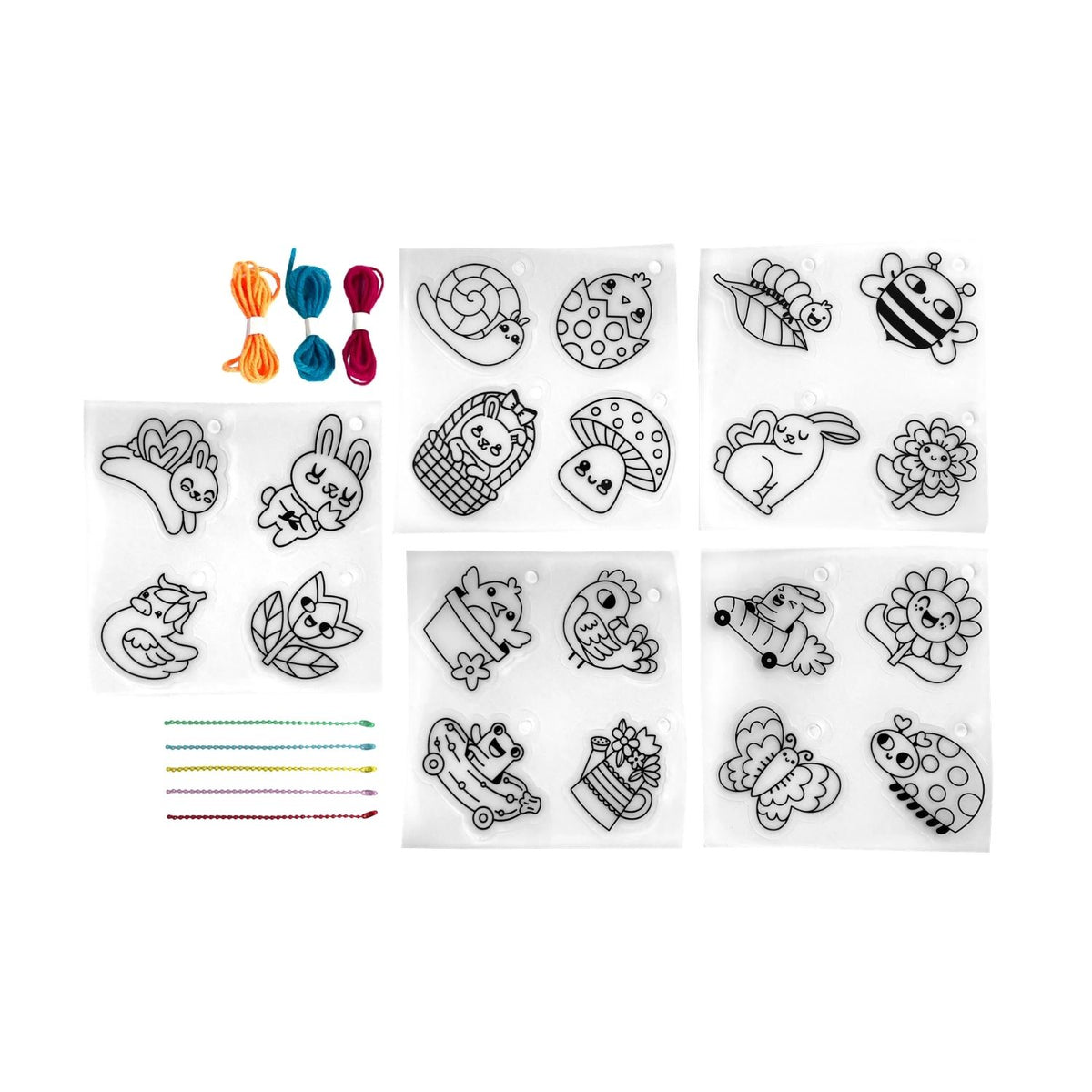 An overhead view of the complete DIY set, including 20 pre-printed designs, coloured cords, ball chains, and instructions.
