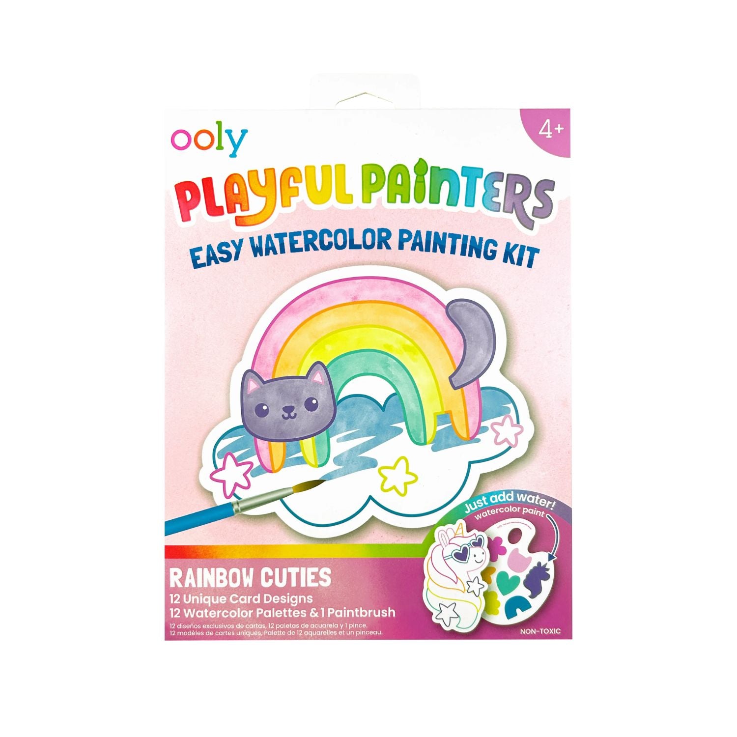 Ooly Playful Painters Easy Watercolor Painting Kit packaging with a cat and rainbow design on a white background.
