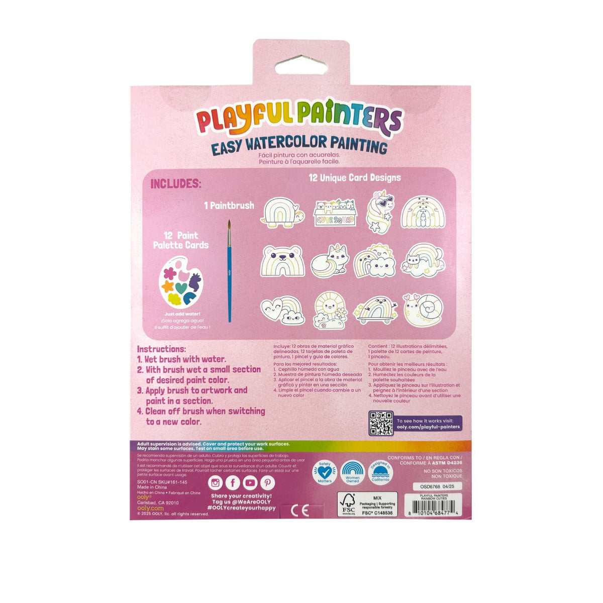 Playful Painters Easy Watercolor Painting kit packaging with illustrations and text on a pink background