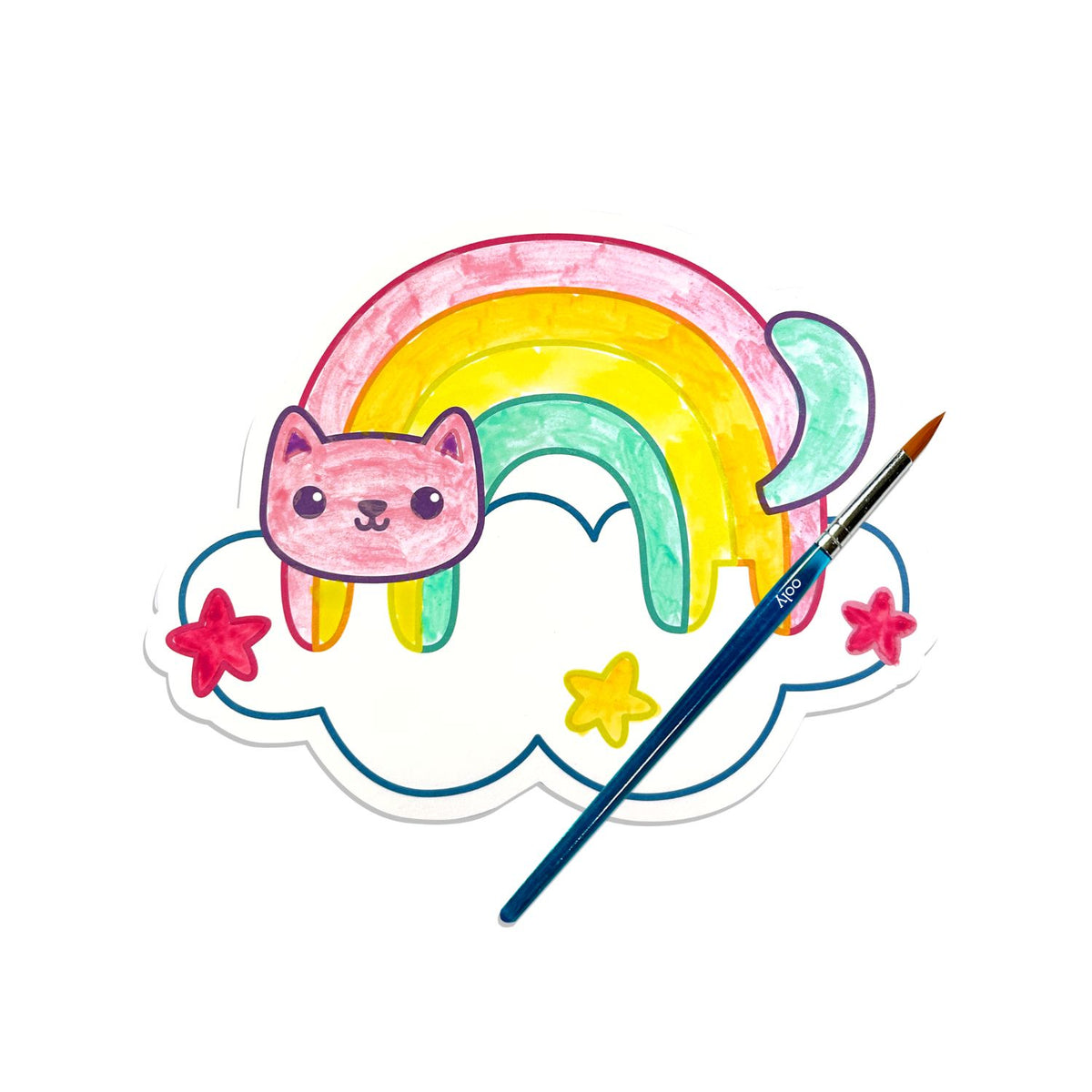 Colorful illustration of a cat with a rainbow body, stars, and a paintbrush on a white background.
