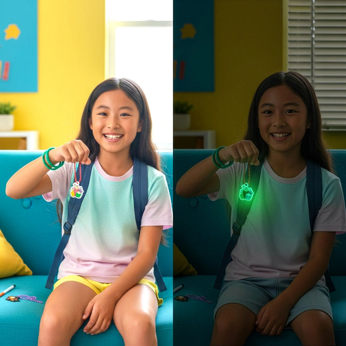 A split image showing the charms in daylight and then glowing brightly in the dark to demonstrate the bioluminescent effect.