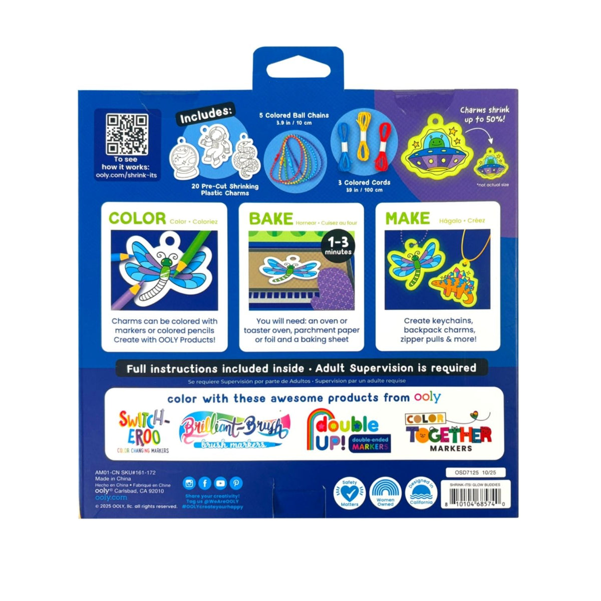 The Shrink-Its! Glow-in-the-Dark Buddies Art Kit featuring vibrant packaging from the back with how to instructions