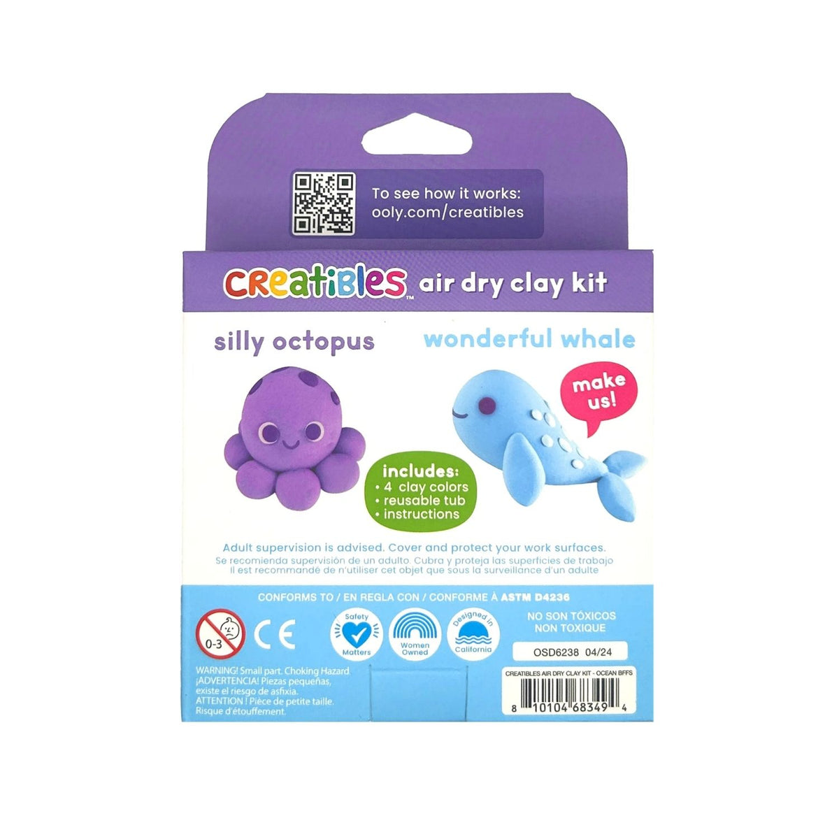 Package of Creatibles air dry clay craft kit with purple octopus and blue whale clay creations