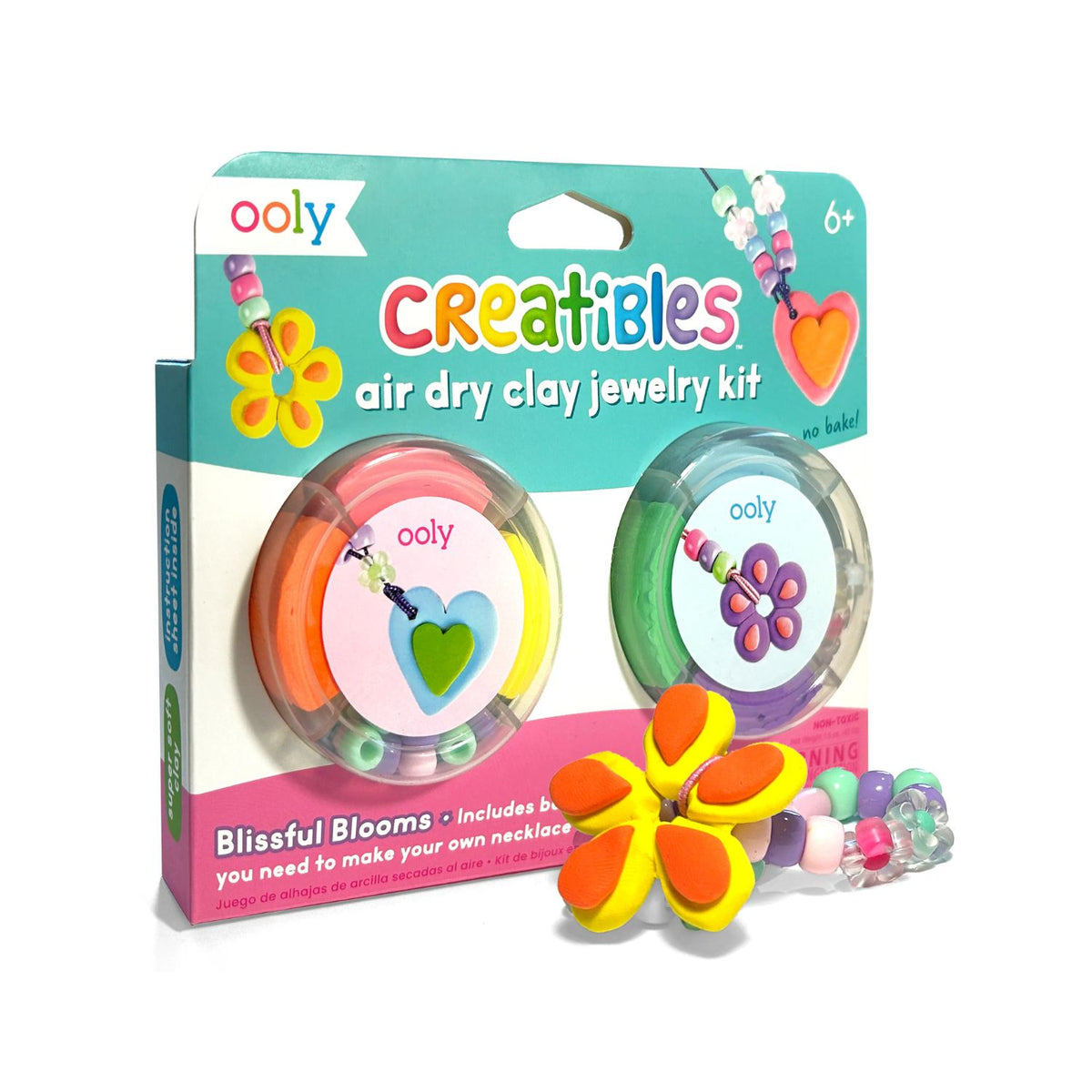 The Blissful Blooms Jewelry Kit in its vibrant retail box, showcasing the 6 clay packs, assorted beads, and a finished flower bracelet.