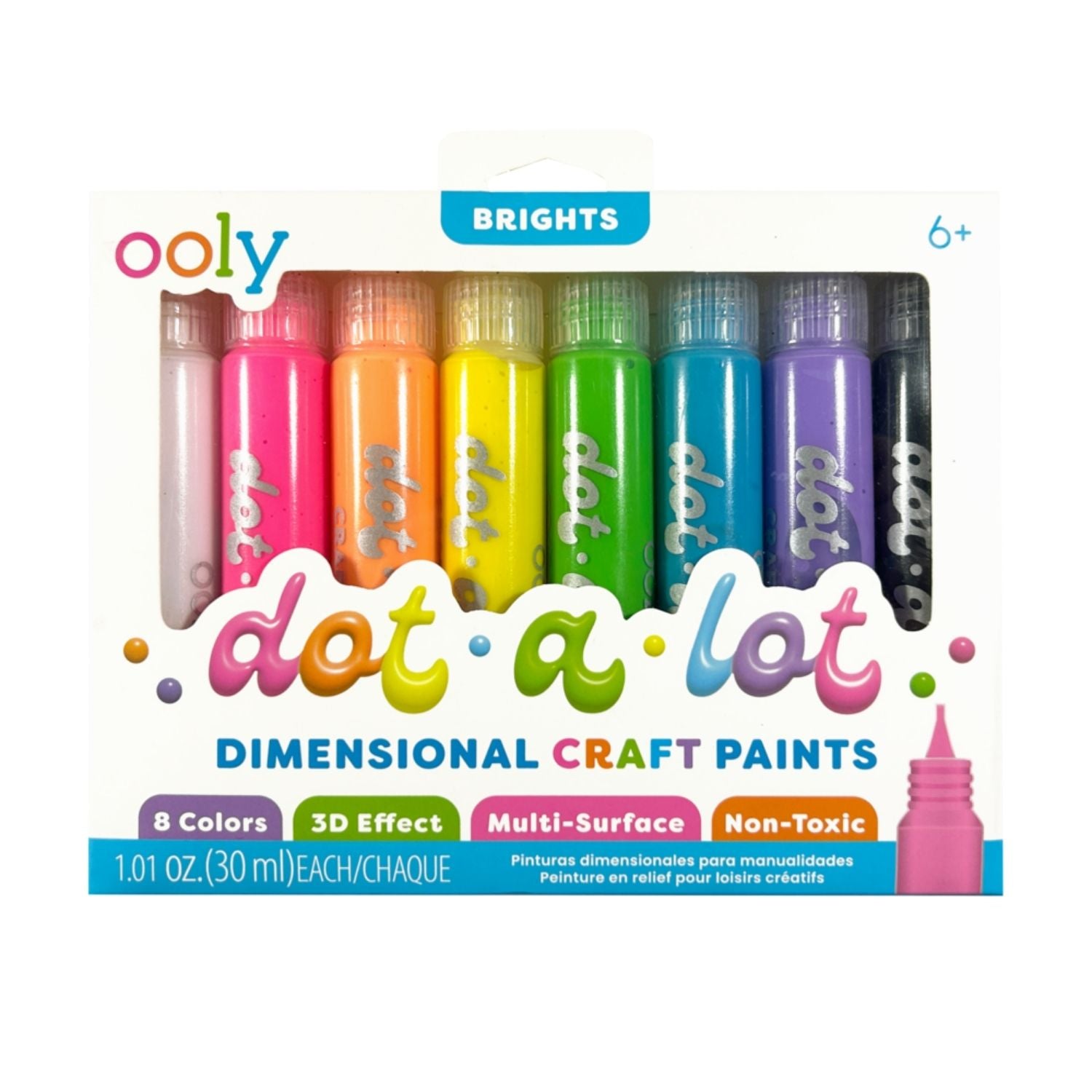 Packaging of Ooly dot-a-lot dimensional craft paints in bright colors on a white background