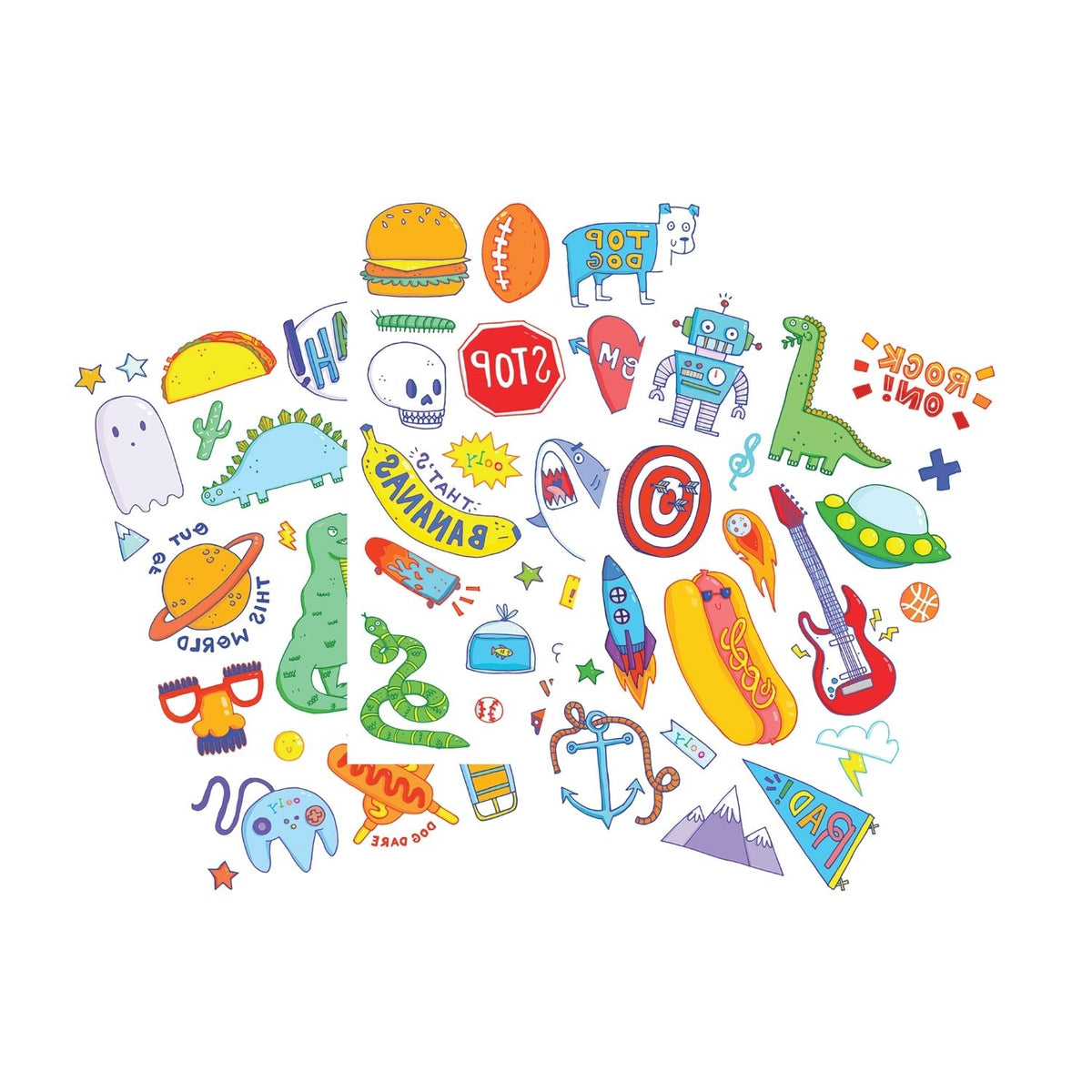 Colorful illustrations of various designs of temporary tattoos