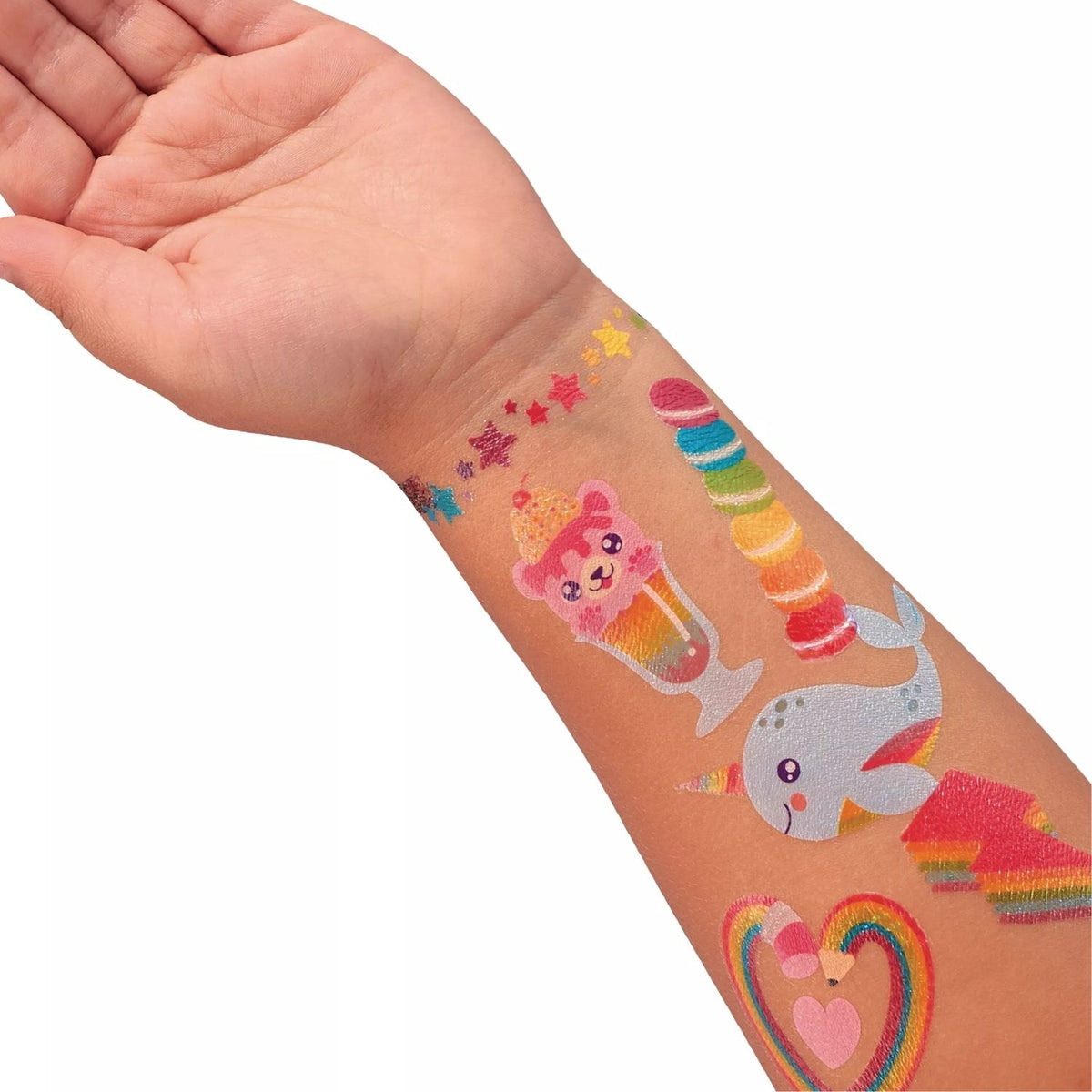 Colorful temporary tattoos on a child's arm 