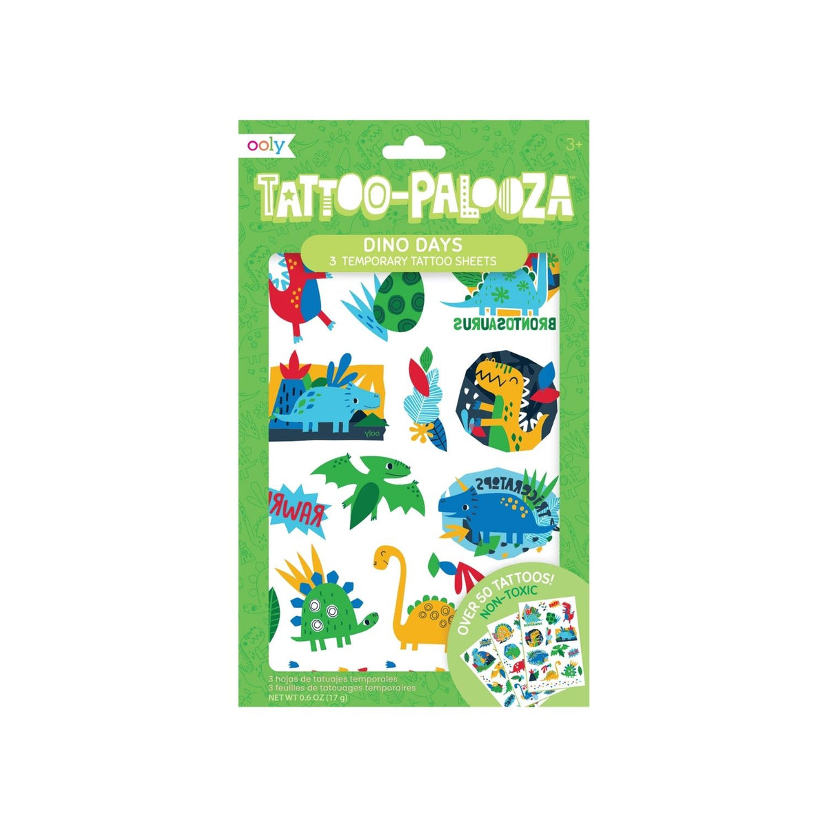 Packaging of Tattoo-Palooza Dino Days temporary tattoos with colorful dinosaur designs.