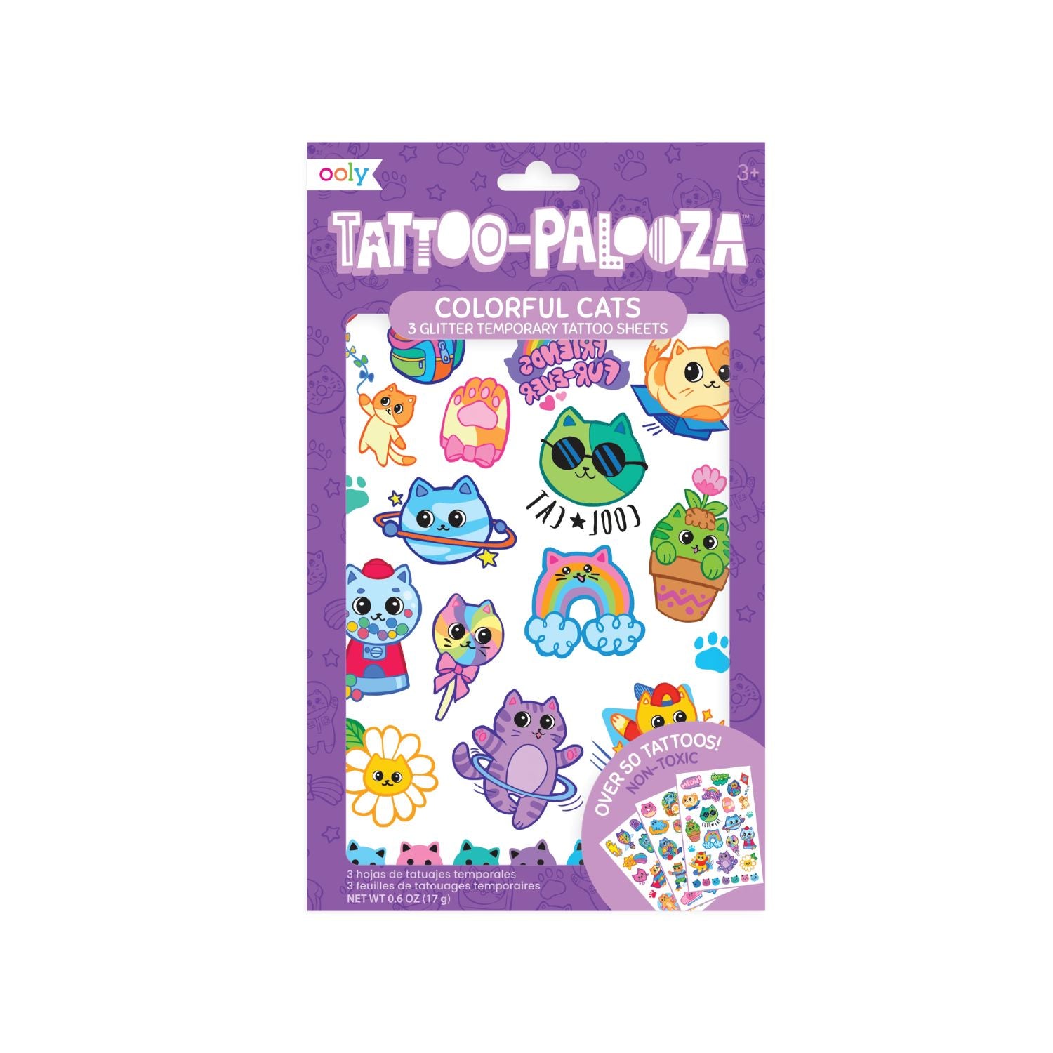 Pack of colorful cat-themed temporary tattoos with a purple background