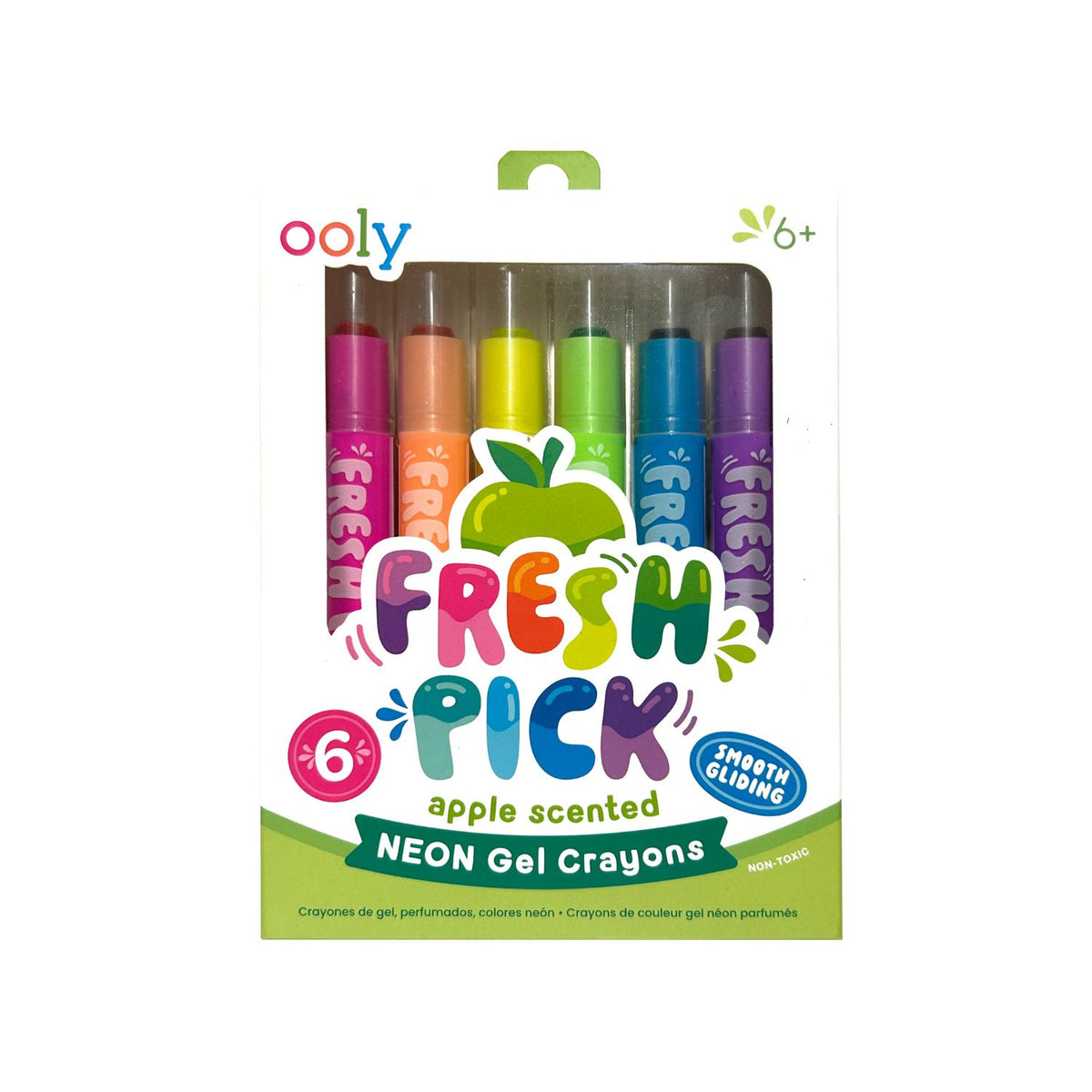 Pack of neon gel crayons with 'olly' branding on a white background