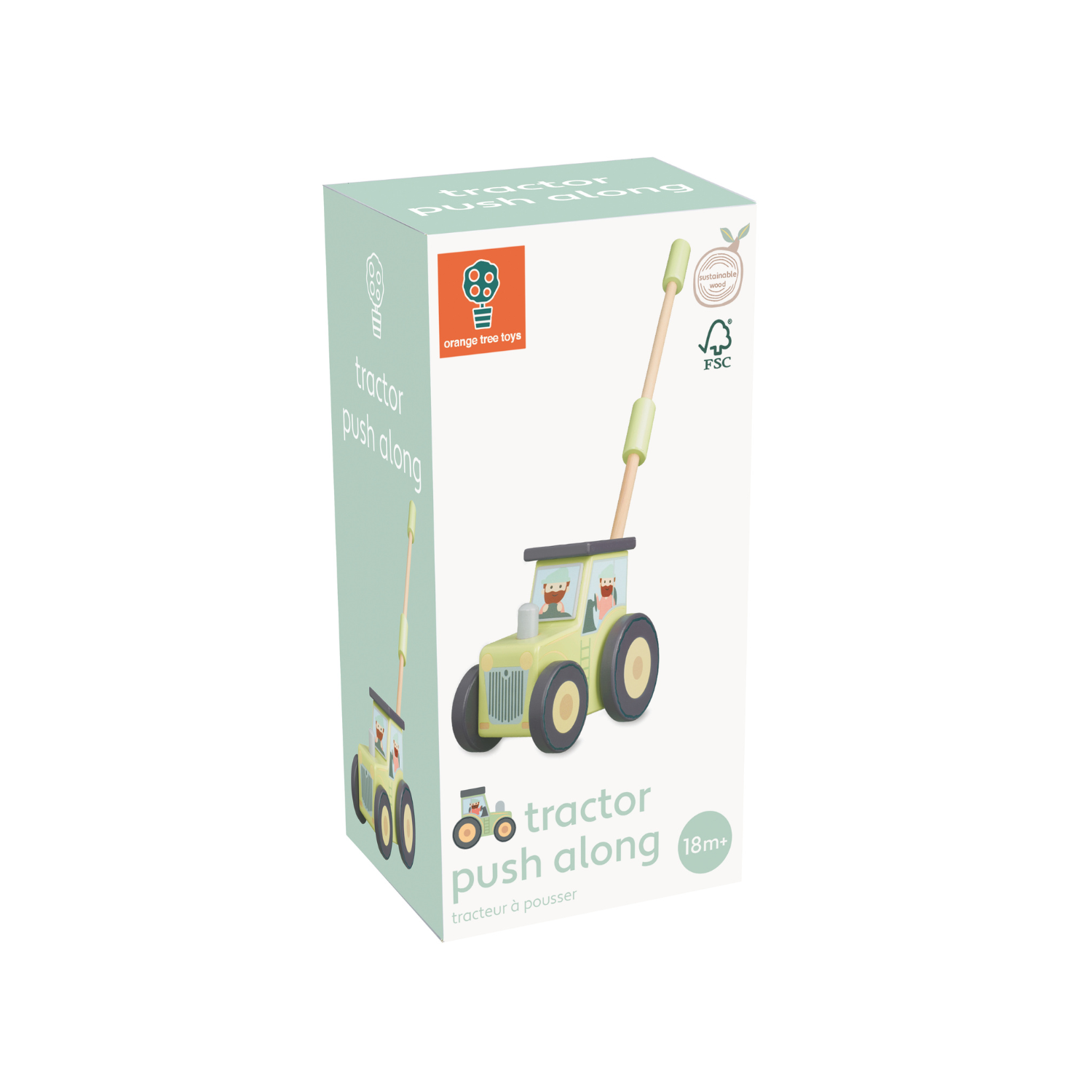 A product packaging shot featuring the Orange Tree Toys Farmyard Tractor Push Along, showing the bright green wooden tractor base, sturdy upright wooden push rod, and smooth natural wood handle grip.
