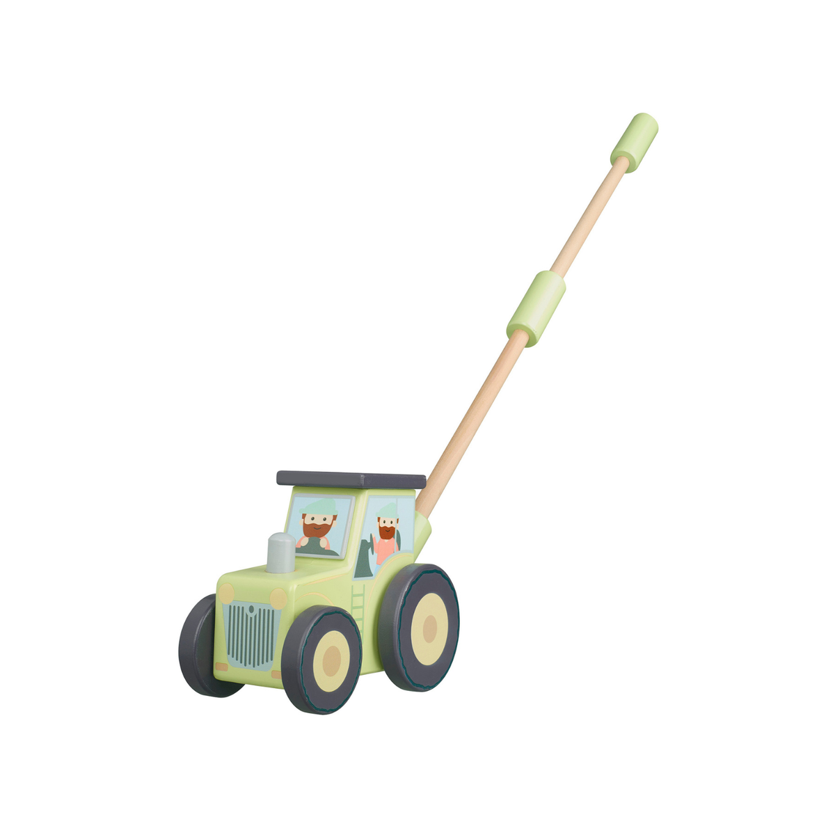 A side-angle product shot displaying the full silhouette of the push along, highlighting the angle of the push stick and the wide wheel track for stable movement.