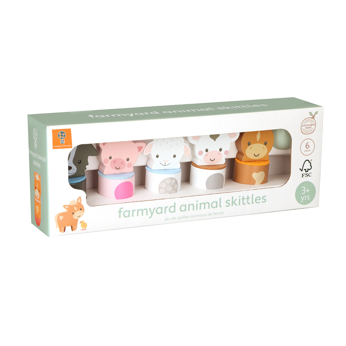 A product packaging shot featuring the Orange Tree Toys Farmyard Animal Skittles set, showing the 5 brightly painted wooden farm animal pins lined up in a bowling formation alongside the wooden ball.