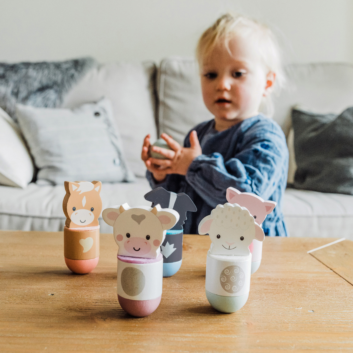 Classic wooden bowling fun for toddlers! Features 5 friendly farm animal skittles and an easy-grip ball to encourage turn-taking, aim, and spatial awareness.