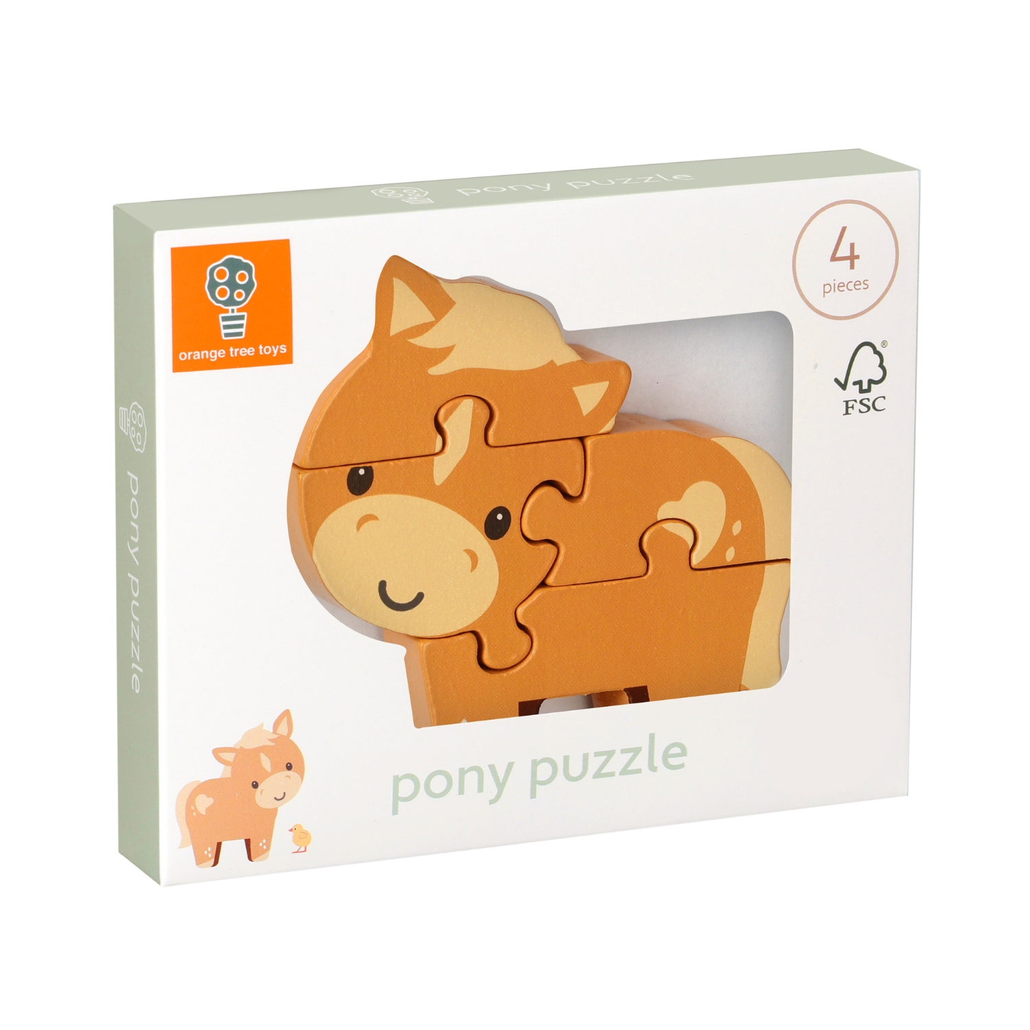 A product packaging shot  featuring the Orange Tree Toys Wooden Farmyard Pony Puzzle fully assembled and standing upright, displaying its cheerful painted pony character design.