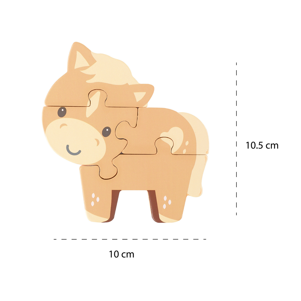 A detailed close-up shot on a clean white background highlighting the smooth, rounded edges, child-safe non-toxic paint finish, and friendly facial expression of the wooden pony alongside product measurements.