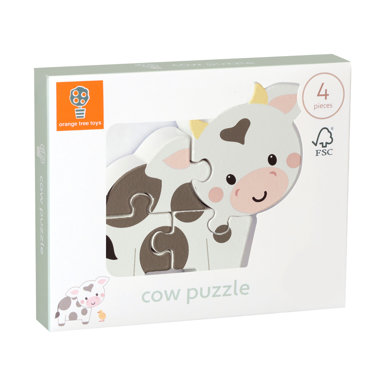 A product packaging shot featuring the Orange Tree Toys Farmyard Cow Puzzle fully assembled and standing upright, showcasing the cheerful black-and-white spotted cow design.
