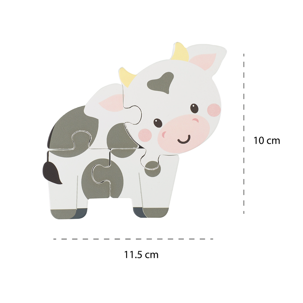 Classic Kids wooden farm cow-shaped 4 piece puzzle toy with dimensions