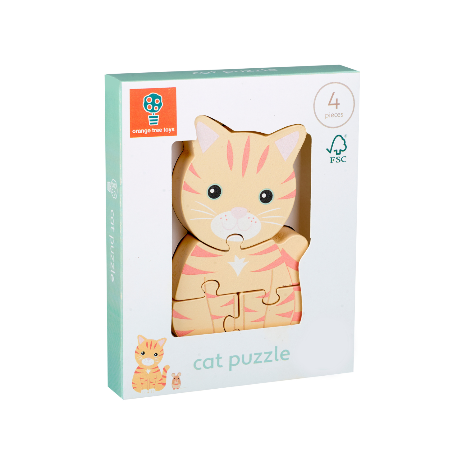 A product packaging shot on a seamless white background featuring the Orange Tree Toys Pets Cat Puzzle fully assembled and standing upright, displaying its cheerful painted cat character design.