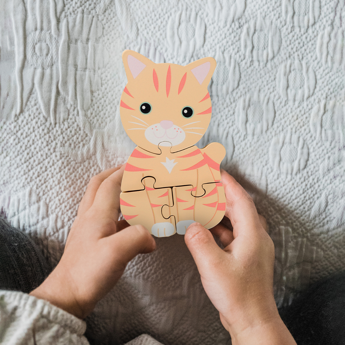 A wooden 4-piece Cat-shaped puzzle held by a childs hands 