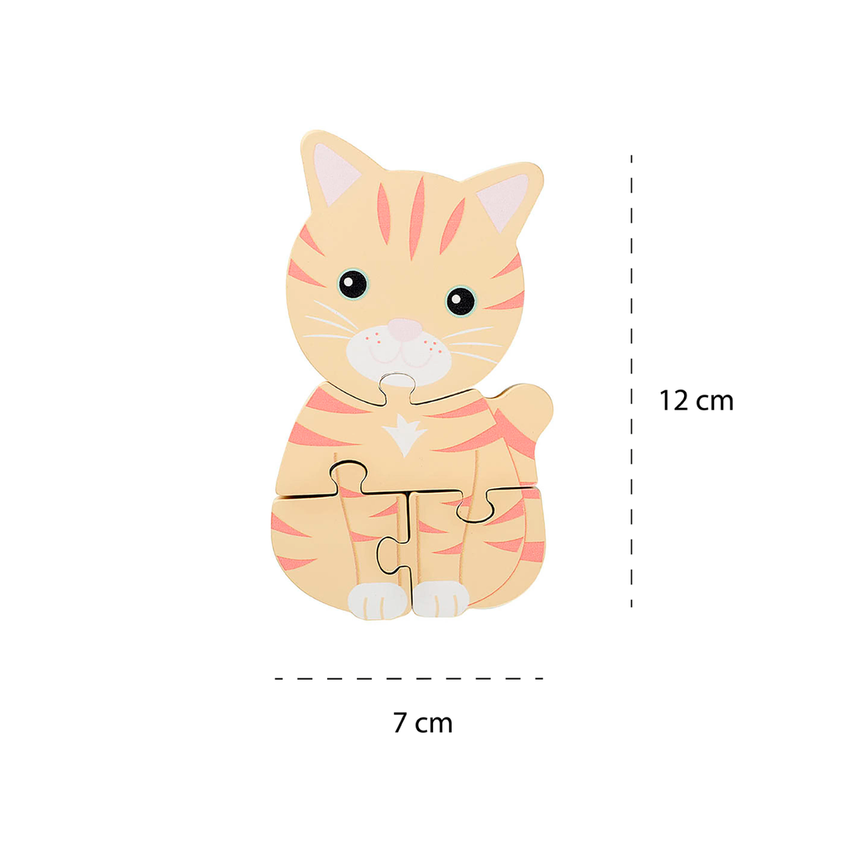 A wooden 4-piece kids jigsaw, Cat-shaped puzzle with dimensions on a white background