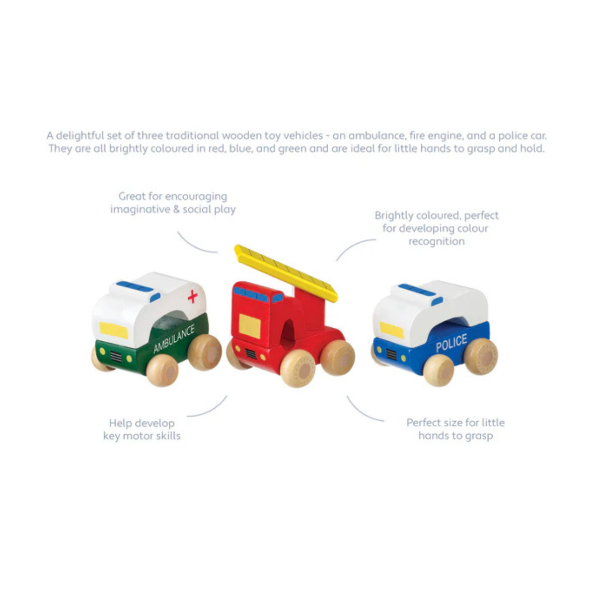 A product shot displaying the side profiles of the three emergency vehicles, highlighting their smooth, rounded contours and natural wooden wheels.