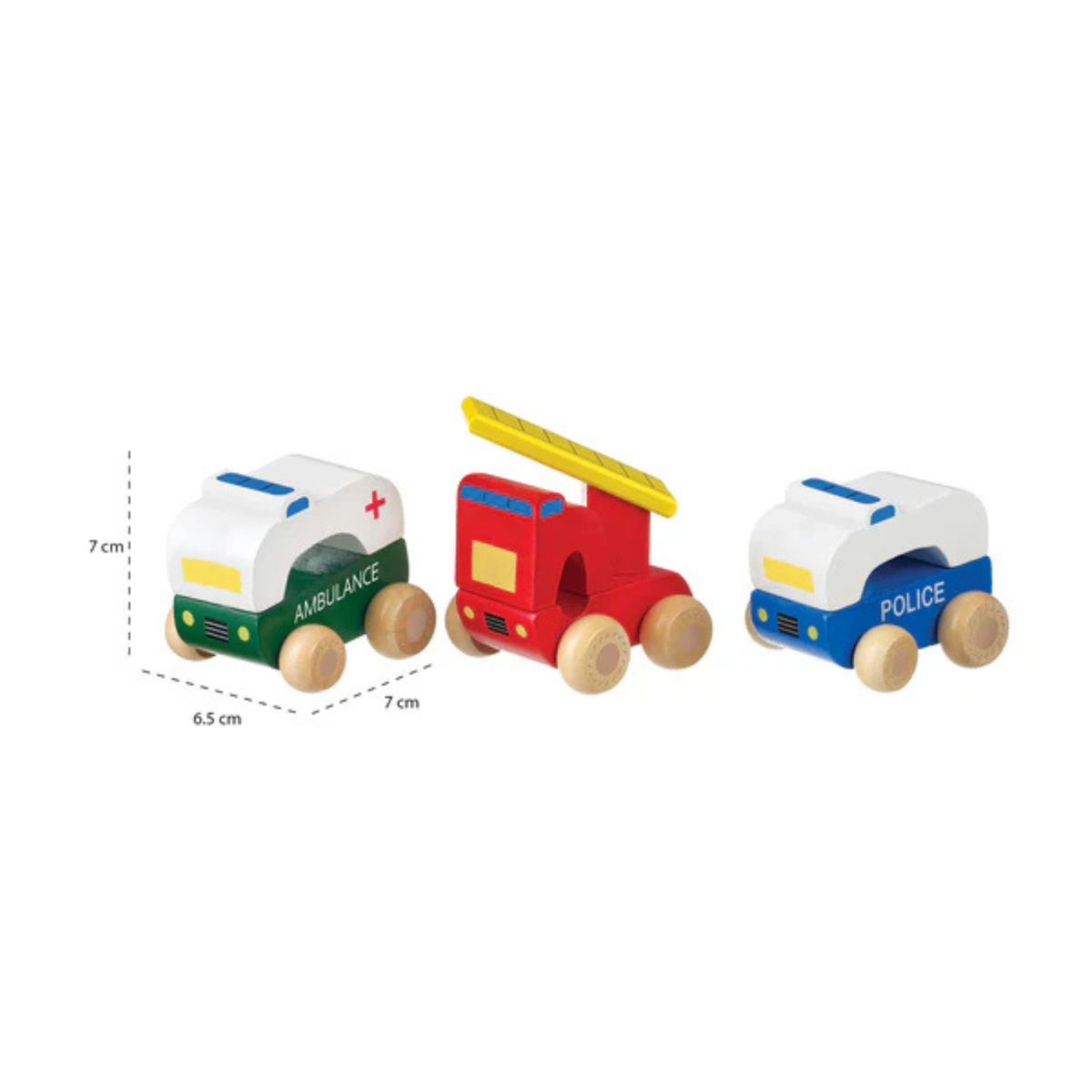 Roll to the rescue! The Orange Tree Toys First Emergency Vehicles 3-piece set includes a wooden police car, fire engine, and ambulance for toddler hero play.