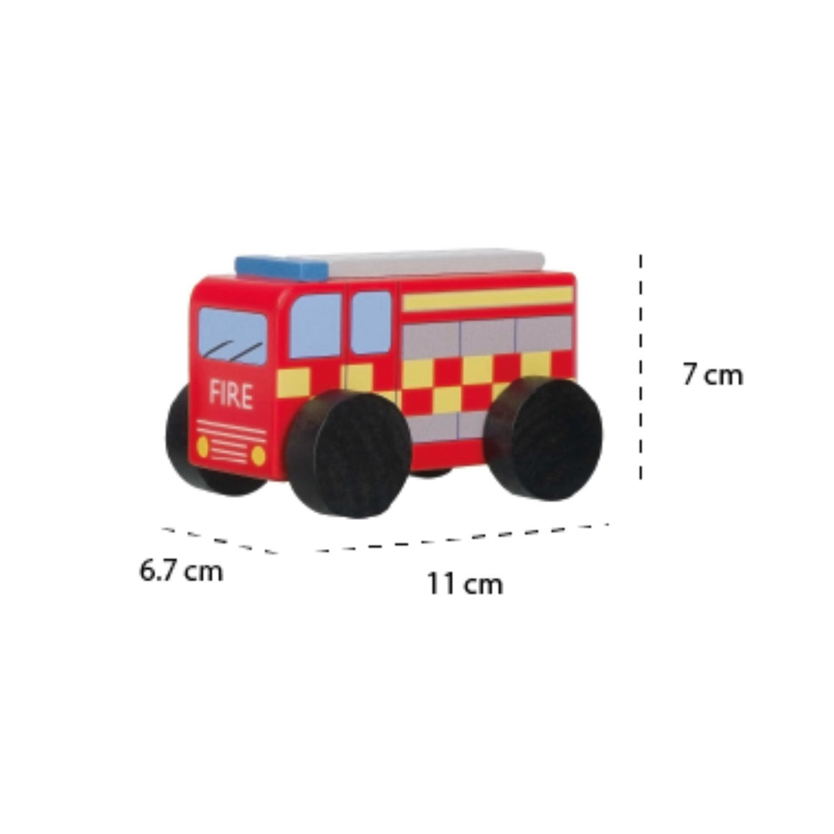 Wooden red toy fire engine truck with dimensions on a white background