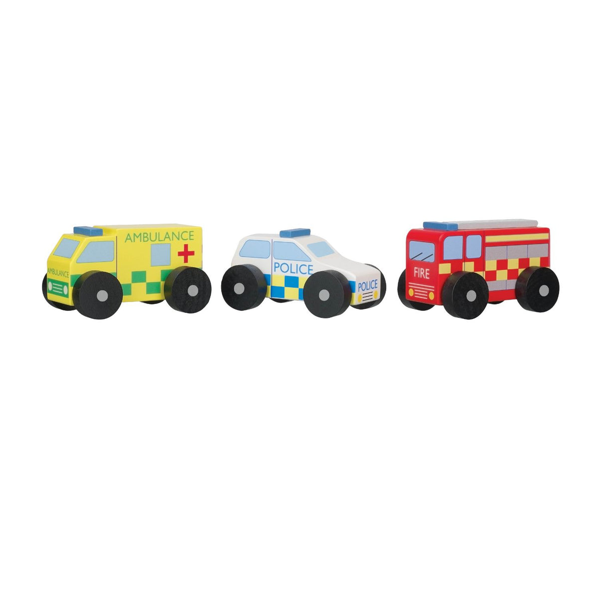 Three toy emergency vehicles including an ambulance, police car, and fire truck on a white background.