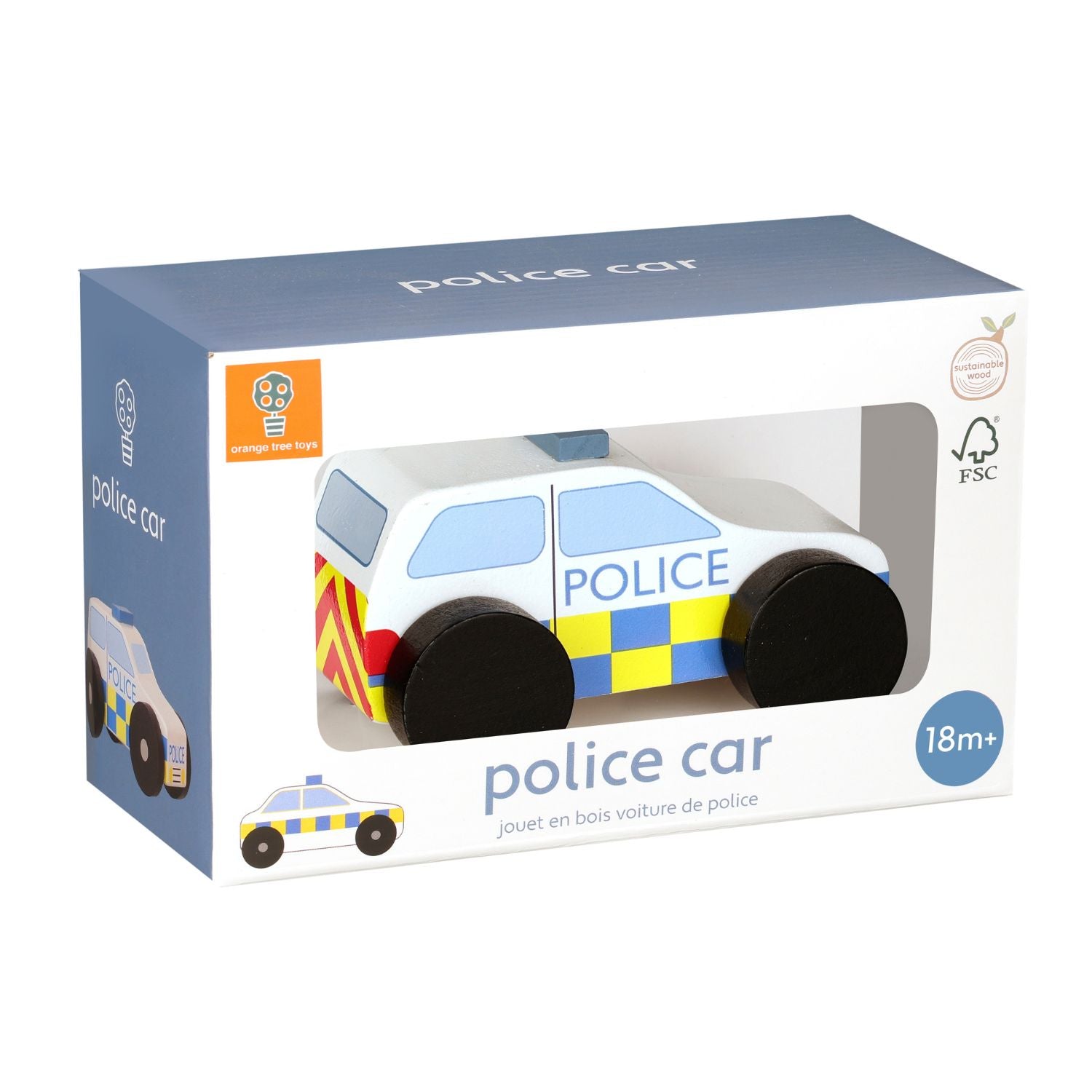 A product packaging shot featuring the Orange Tree Toys Emergency Services Police Car, showcasing its chunky blueand white wooden body, painted siren, and natural wooden wheels.