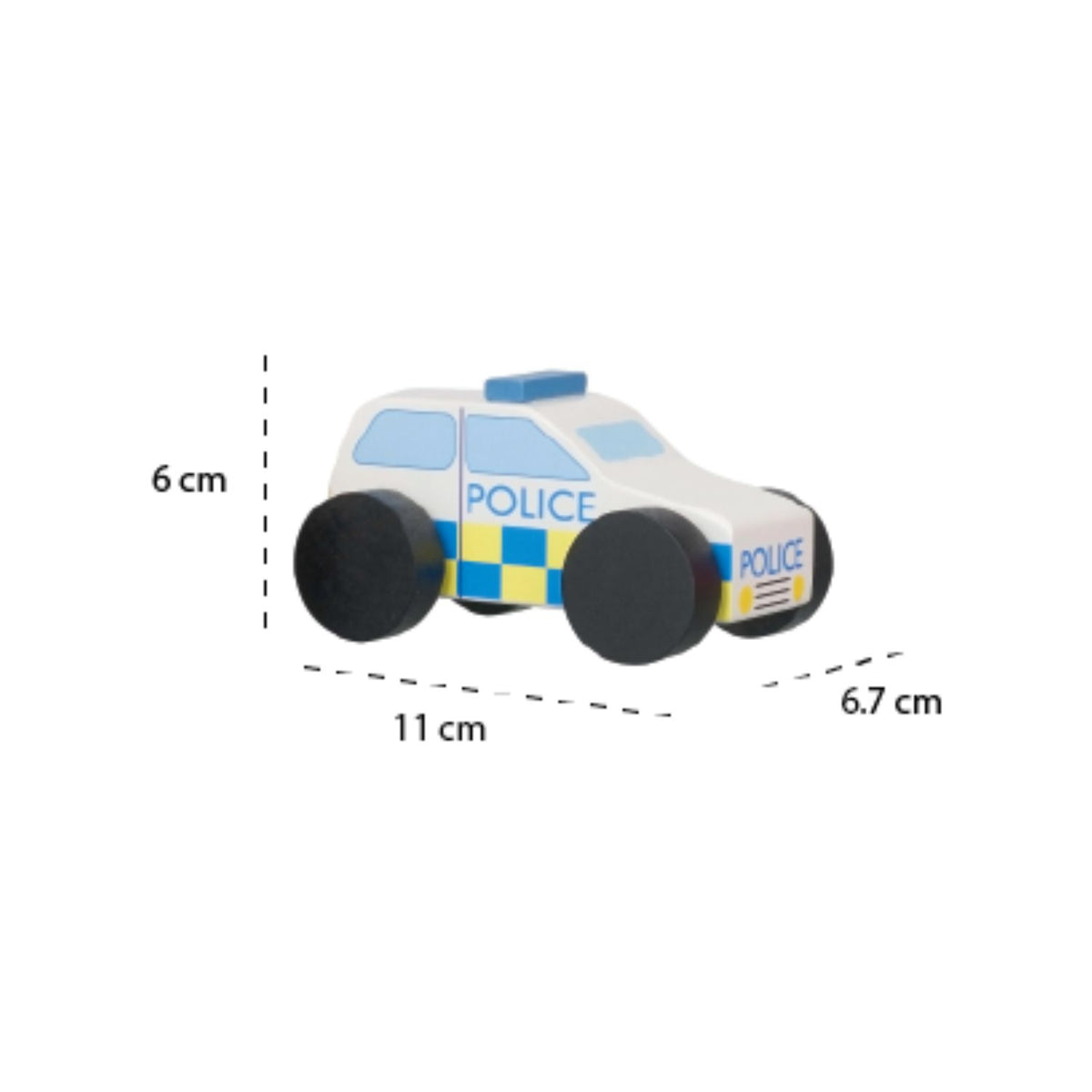 kids classic wooden toy police car with measurements on a white background