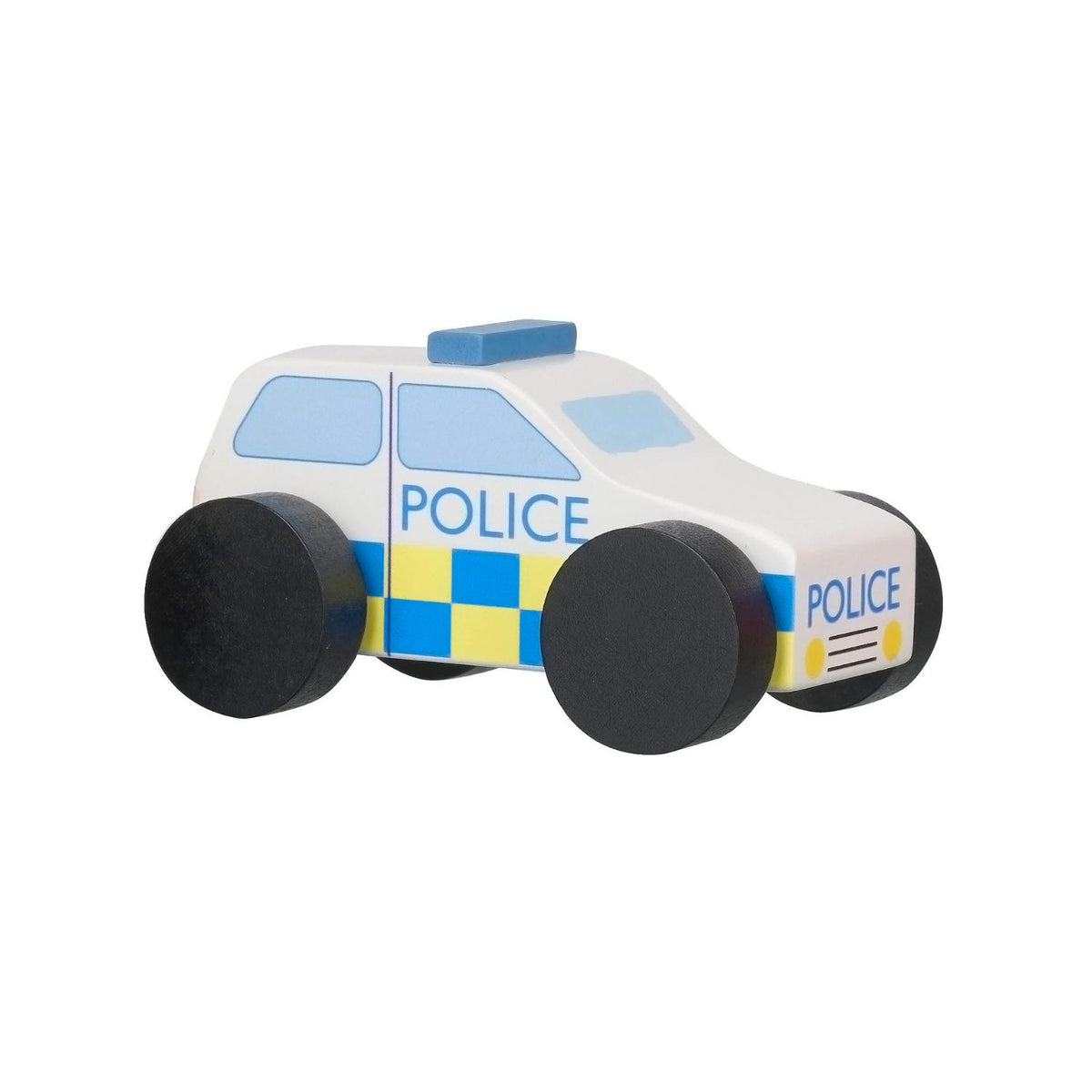 Kids wooden toy police car with blue and yellow checkered pattern on a white background