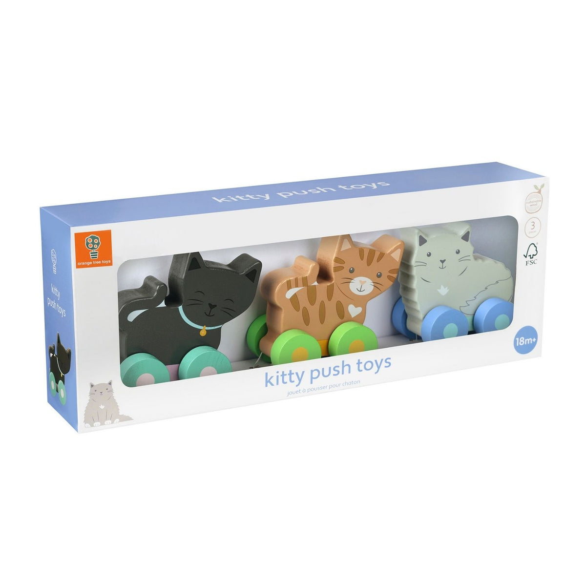 A product packaging shot featuring the Orange Tree Toys Pets Kitty Push Toys set, showing all three soft pastel-painted wooden kitten vehicles lined up in a row.