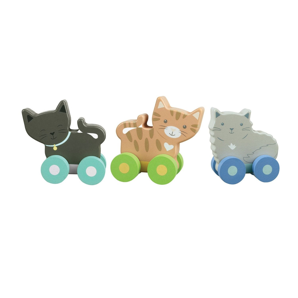 A close up shot focusing on the gentle facial details, painted whiskers, and sweet expression ofthe wooden pastel kitten toys, showcasing the child-safe satin paint finish.