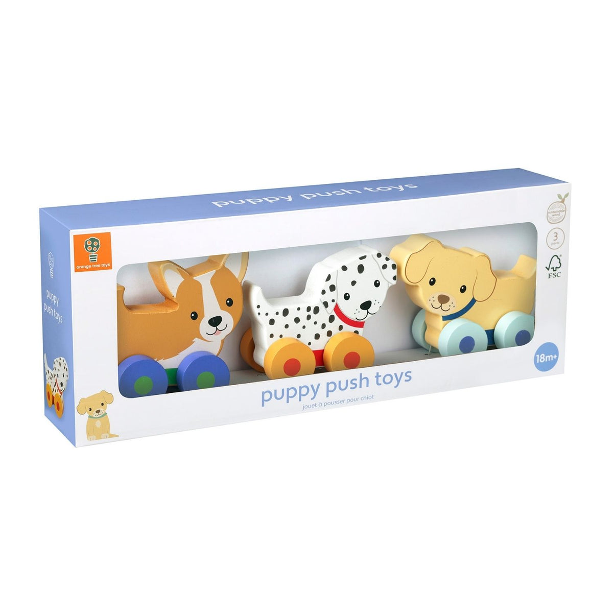Three adorable wooden puppies in one set! Sized for small hands to grasp and roll, perfect for cooperative toddler play and developing early empathy. Ages 1+