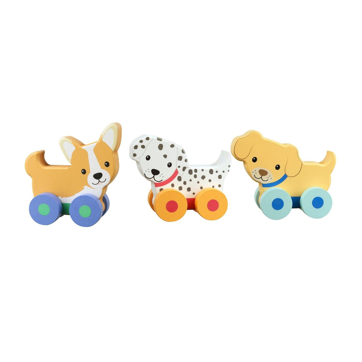 A close-up studio shot on a clean white background focusing on the cheerful, hand-painted faces and floppy ears of the wooden puppies, showcasing the child-safe satin paint finish.